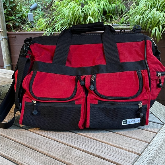 L.L. Bean Handbags - Vintage LL Bean traveler adventure travel wide Duffel Bag Breeders Cup Red Black